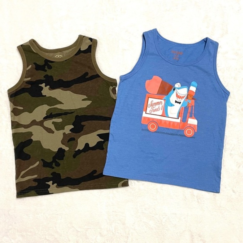 Set of‎ 2 Tank Tops Camo Shark Summer Treats Sleeveless Shirts Boy's Size XS 4-5